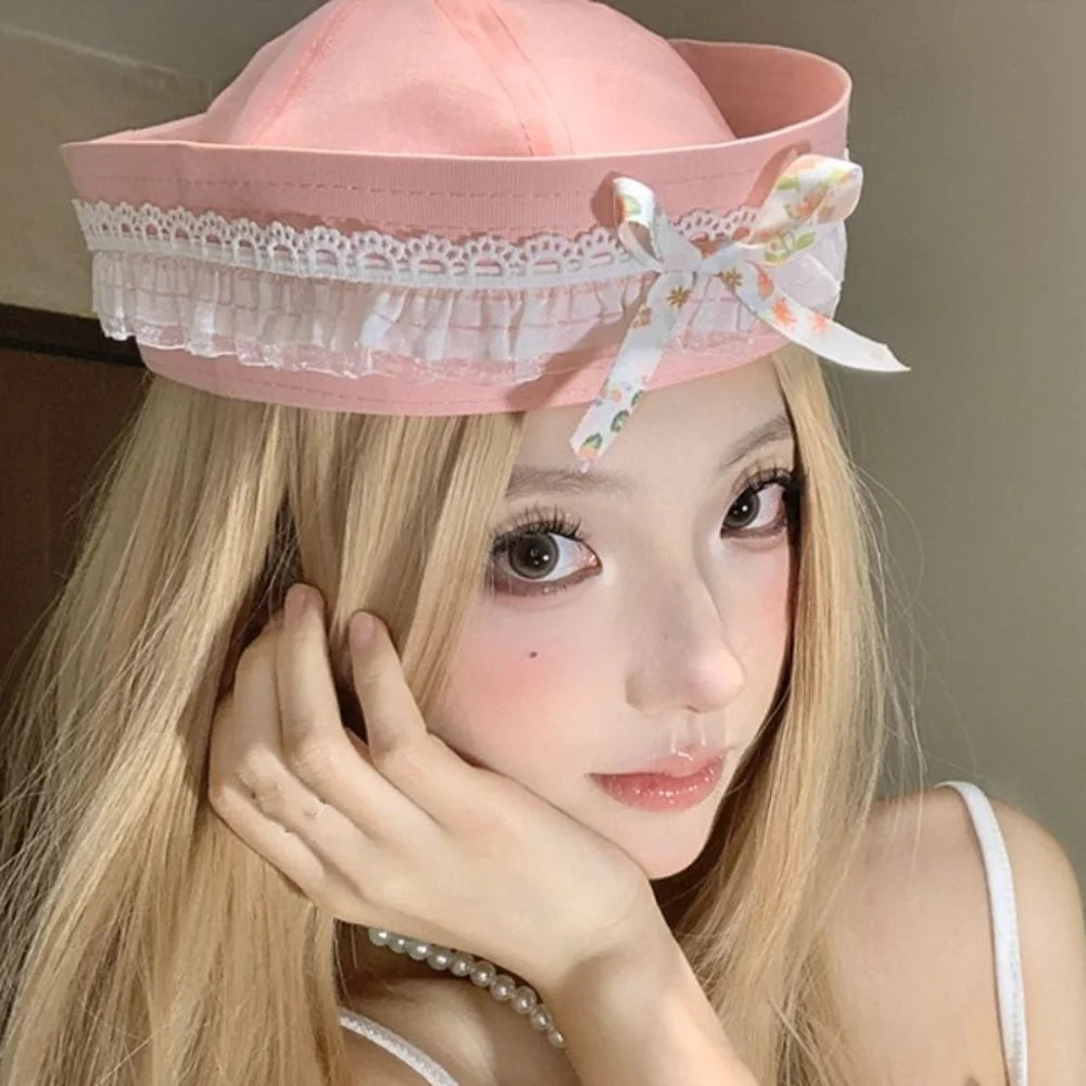 Japanese Y2k Sailor Caps Harajuku JK Navy Hat Bow Lace Sweet Berets Spring Summer Qme