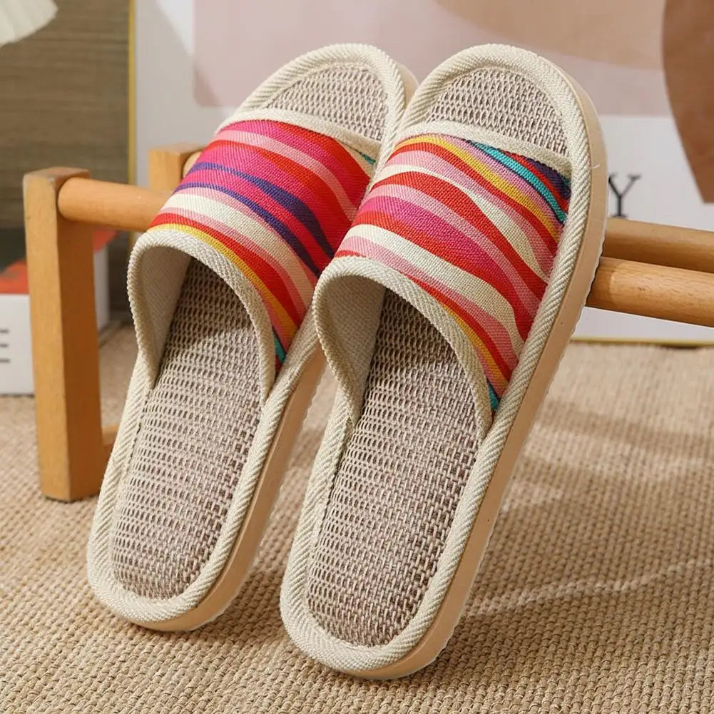 Four Season Couple's Multicolor Linen Slippers Women Indoor Striped Non-Slip Sandals Men Comfort Indoor Floor Breathable Slides Qme