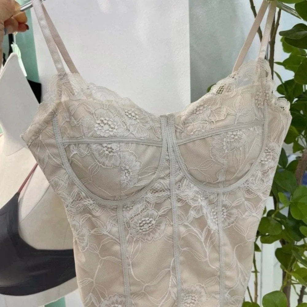 Chic Mesh Flower Slim Lace Crop Bottoming Shirt Sweet Girl's Vest V Qme