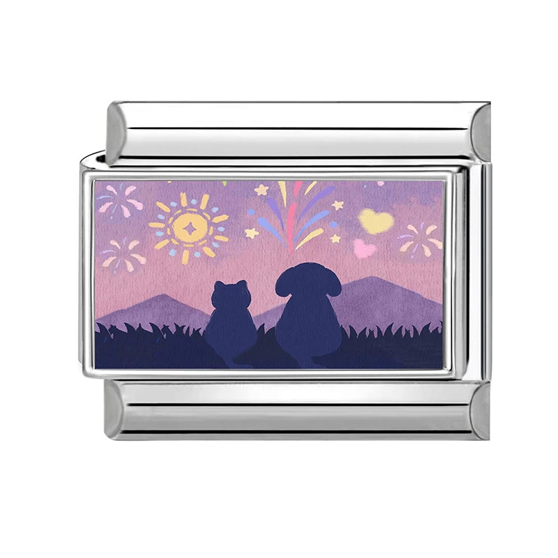 Sweet Purple Series Cats Dog Puppy Flower Heart Charm Italian Links Fit 9mm Bracelet Stainless Steel Women Men Making DIYJewelry Qme S 11