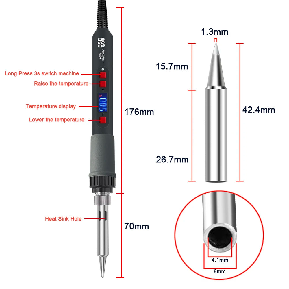 60W Digital Display Soldering Iron Tool C F Switching Adjust Qme