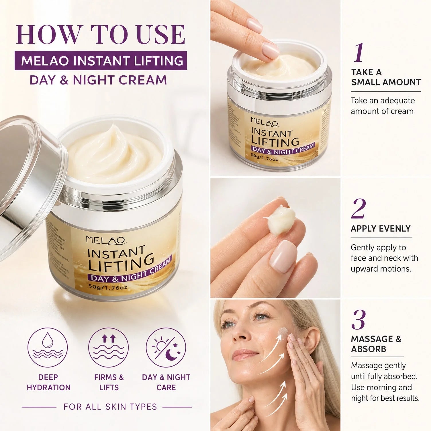 MELAO Instant Lifting Day & Night Cream,Firming Facial Moisturizer, 24H Hydrating Face Cream for Fine Lines & Wrinkles Qme