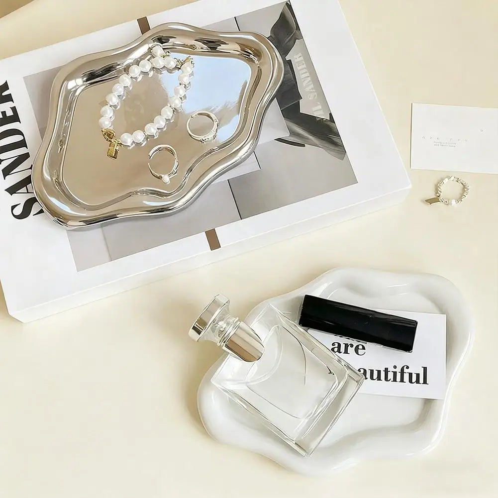 Simple Jewelry Storage Tray Creative White/silver Storage Tray Decorative Ornaments Electroplated Jewelry Tray Qme