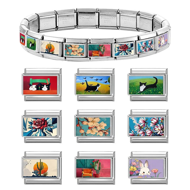 Cute Cats Birds s on the Grassland Italian Charm Fit 9mm Stainless Steel Women DIY Bracelet DropShip Fashion Jewelry Wholesale Qme