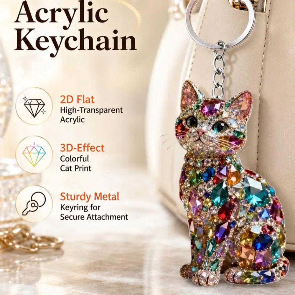 Cute Rhinestone Cat Keychain Mini Acrylic Bling Kitten Hanging Qme