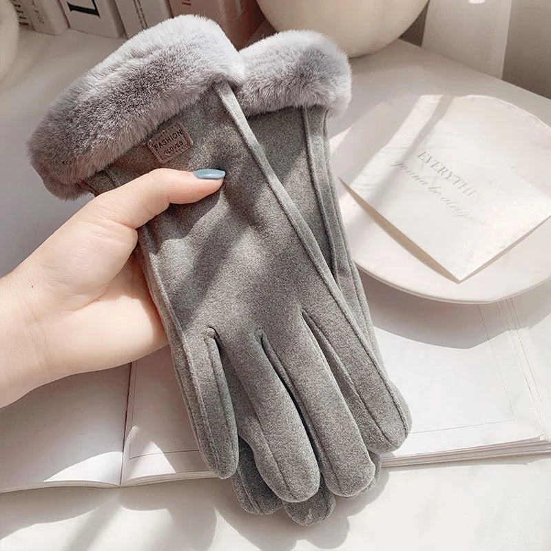 Autumn Winter Warm Suede Gloves Velvet Thickened Plush Decor Cuff Qme