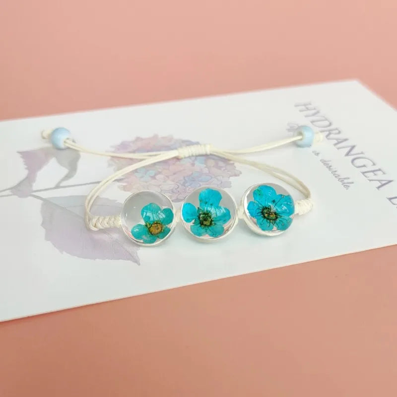 b22 Glass Ball Dried Cherry Blossoms Bracelets Hand-made Dried Flower Charm Bracelets Girls Gifts Natural Flower Weave Jewelry Qme