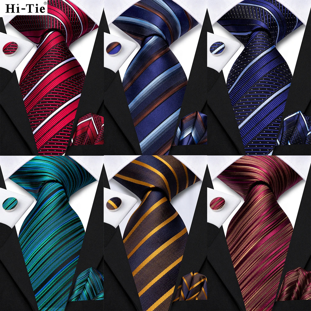 Hi-tie Red Blue Striped Business Mens Tie Jacquard Necktie Qme