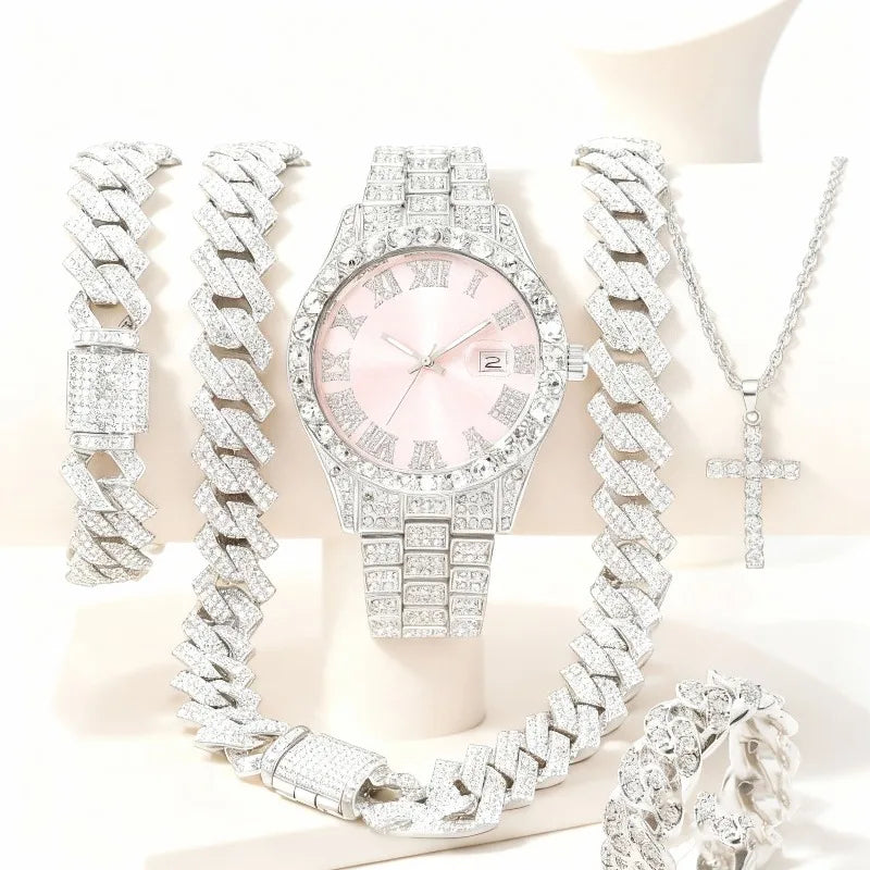 Five piece jewelry and watch set - including necklace, bracelet, ring, earrings, and cross pendant Qme Pink