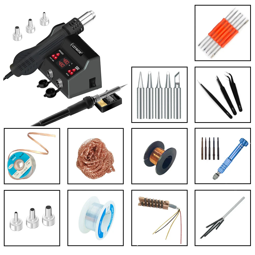 1 Digital Soldering Station Iron Air Gun BGA SMD Welding Rework Tool Qme 8909JIAN SET2 220V