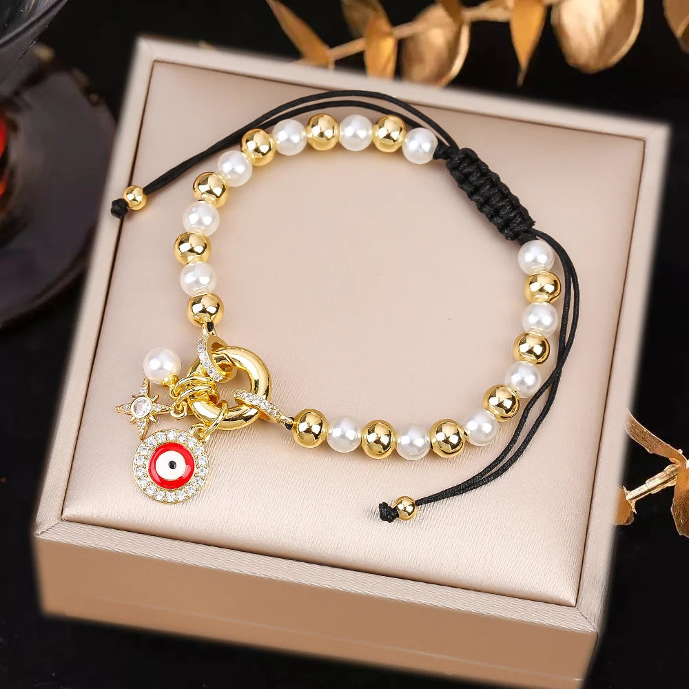 Black Rope Braided Pearl Evil Eye Copper Bead Chain Bracelet Personalized For Man Woman Birthday Holiday Jewelry Prayer Gift Qme A