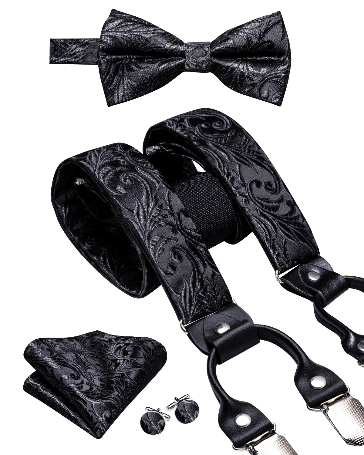 Hi-tie Jacquard Woven Silk Gold Mens Suspender Braces Bow Tie Hanky