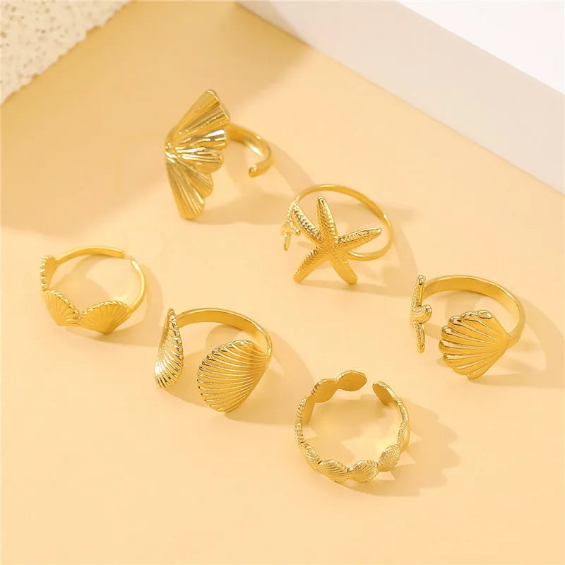 Ocean Starfish Shell Open Ring Set For Women Gold Color Stainless Steel Finger Rings Summer Beach Aesthetic Waterproof Jewelry Qme