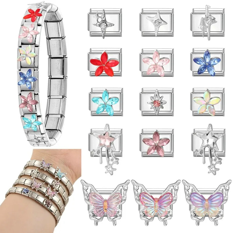 Fashion Zircon Red Blue Pink Flowers Butterfly Stars Tassel Italian Charm Links Fit 9mm Bracelet Stainless Steel DIY Making Gift Qme