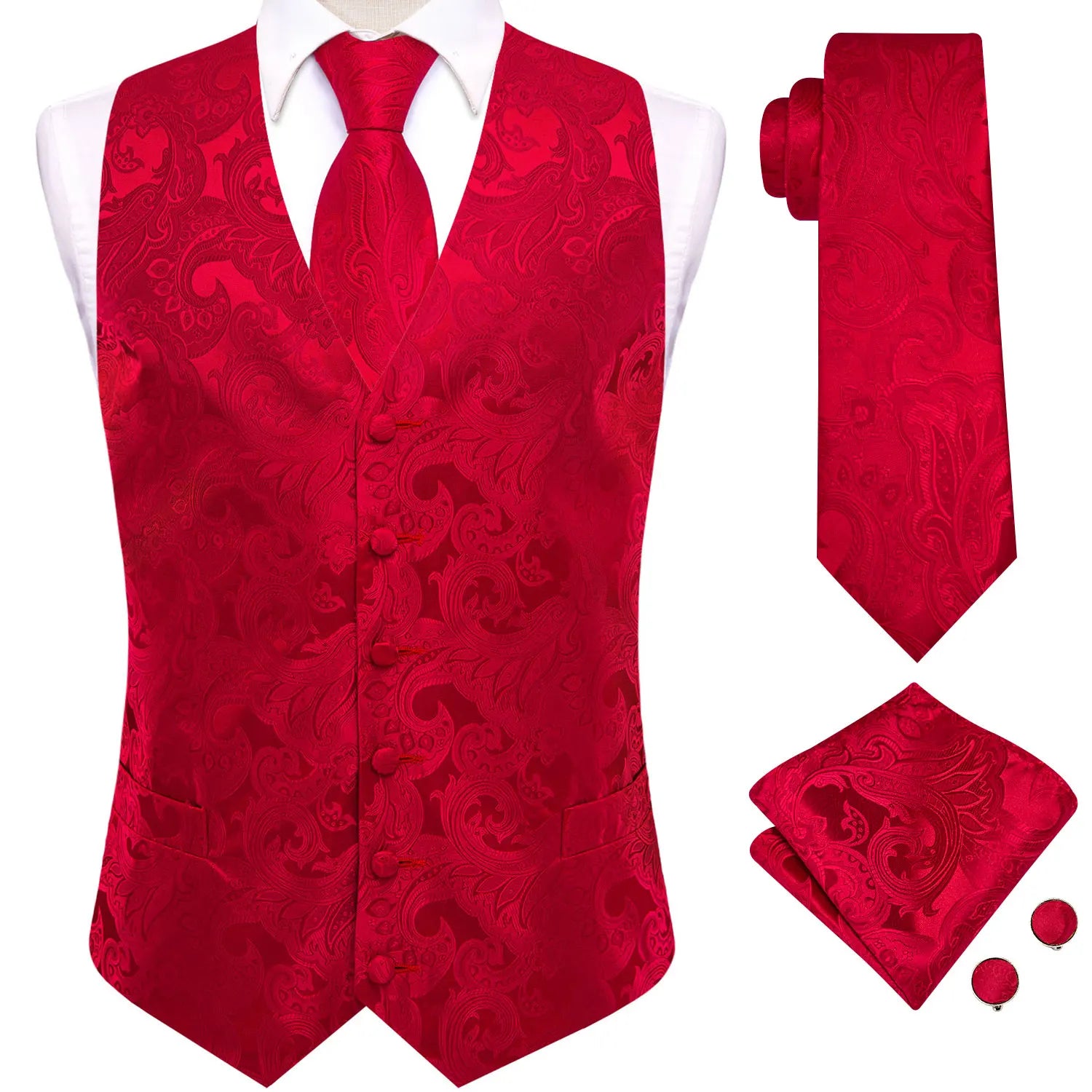 Men's Floral Vest & Tie Hanky Cufflinks Set – Formal Red Light Purple Black Jacquard Waistcoat for Weddings Events Party Gift Qme MJ-3534 M