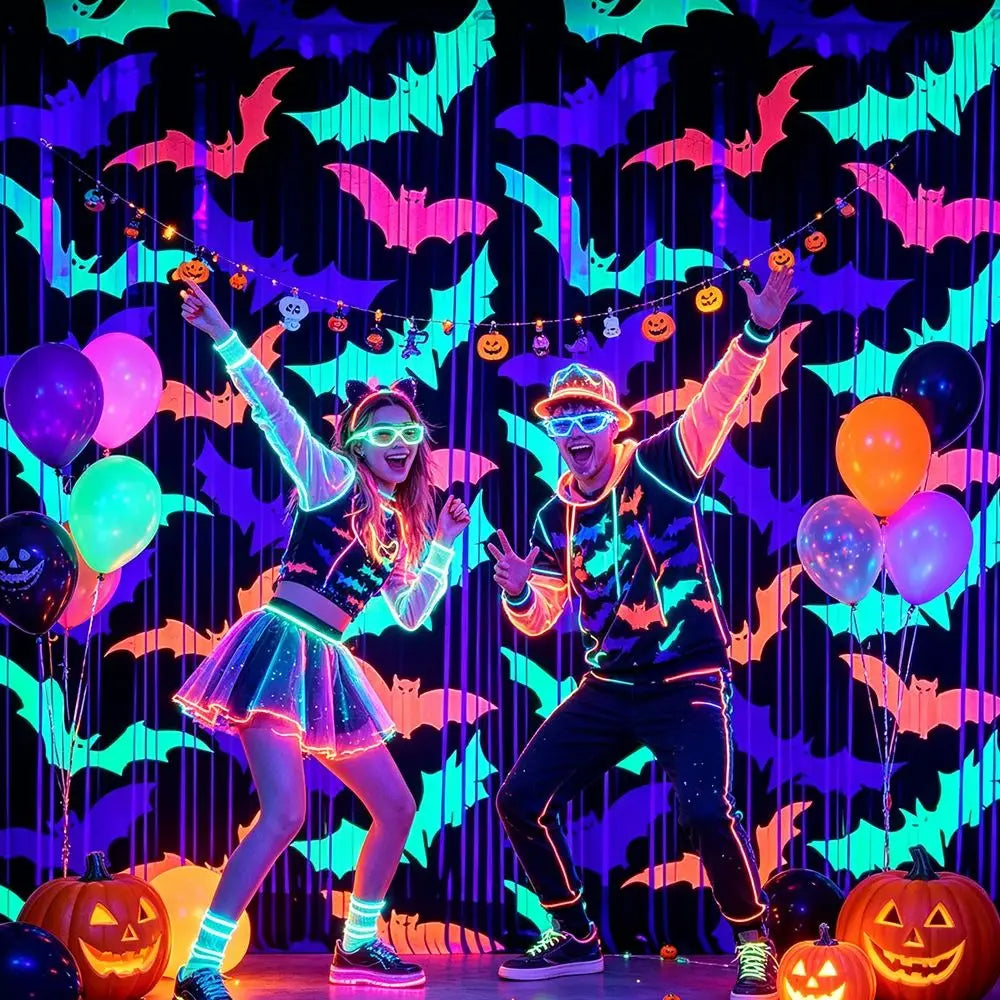 1x2M Fluorescent Tinsel Curtain Bat Pattern Cartoon Halloween Printing Curtain Sparkling Funny Door Hanging Decor Qme
