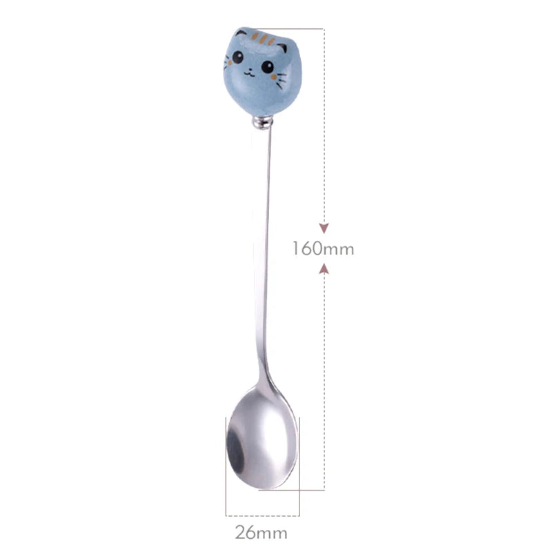 Dessert Spoons Flatware Kitchen Tools Ice Cream Cartoon Stirring Qme Cat Blue