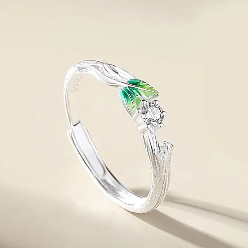 Sweet Simple Green Leaves Young Couple Ring For Women Lover Silver Color Open Resizable Rings Romantic Wedding Jewelry Qme woman resizable