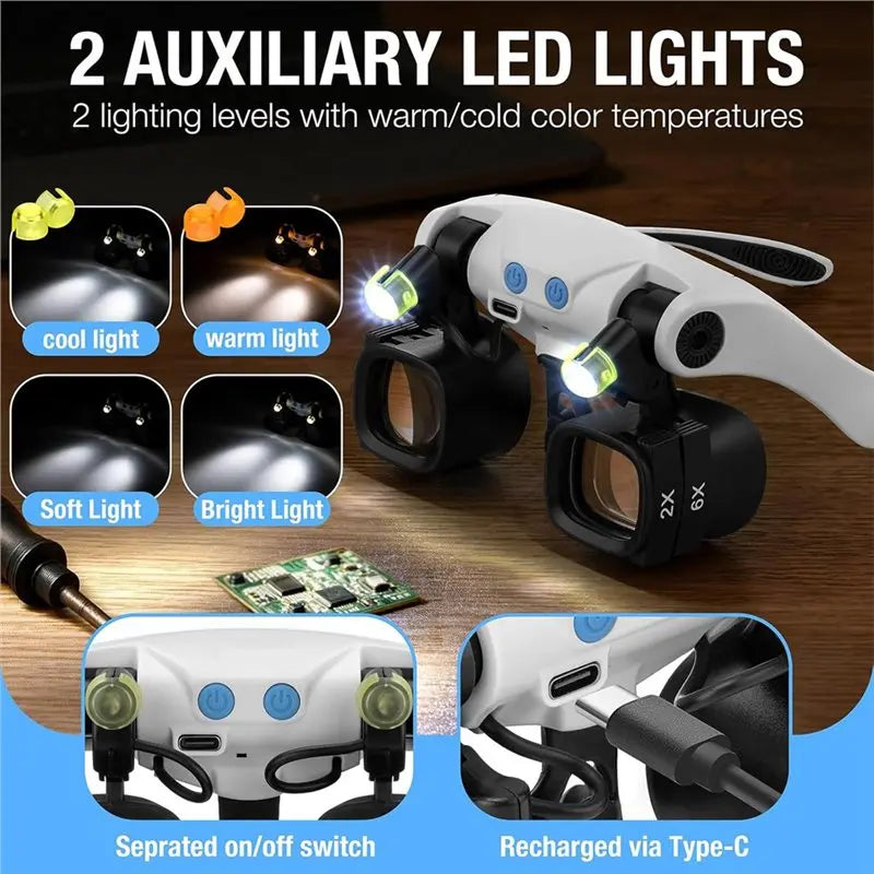A02F-Glasses For Close Work, Jewelers Magnifying Glass With Light & 5 Interchangeable Lens Pairs(2X 4X 6X 10X 13X), Headband Qme