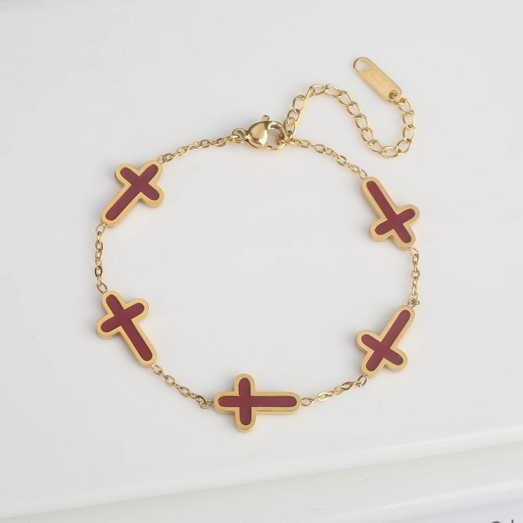 Boho Thin Style Fashion Chain Jesus Christian Stainless Steel Bracelet Women Gold Color Charm Cross Bracelet Girls Jewelry Gift Qme Red