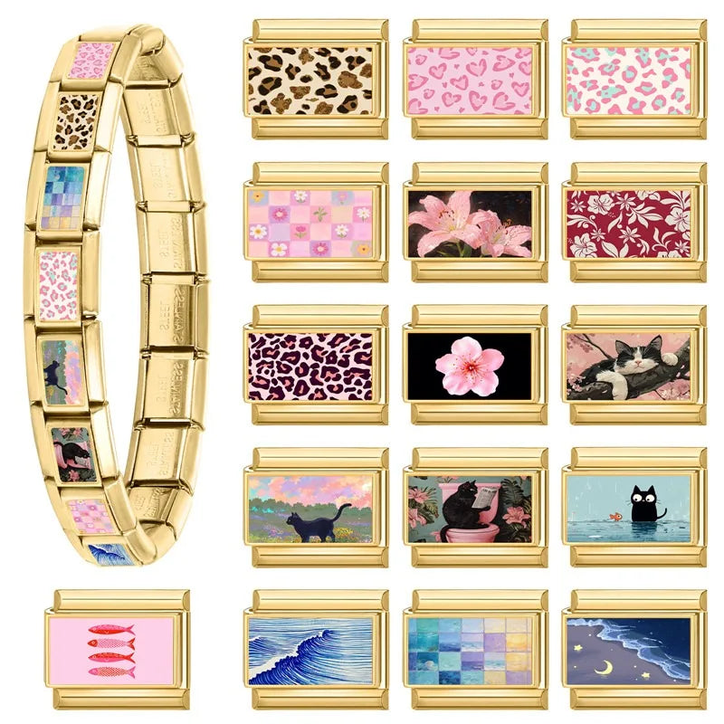 Wholesale Gold leaf Leopard Print Fish Cat Grassland Sea Charm Italian Links 9mm Stainless Steel Bracelet Women DIY Jewelry Gift Qme
