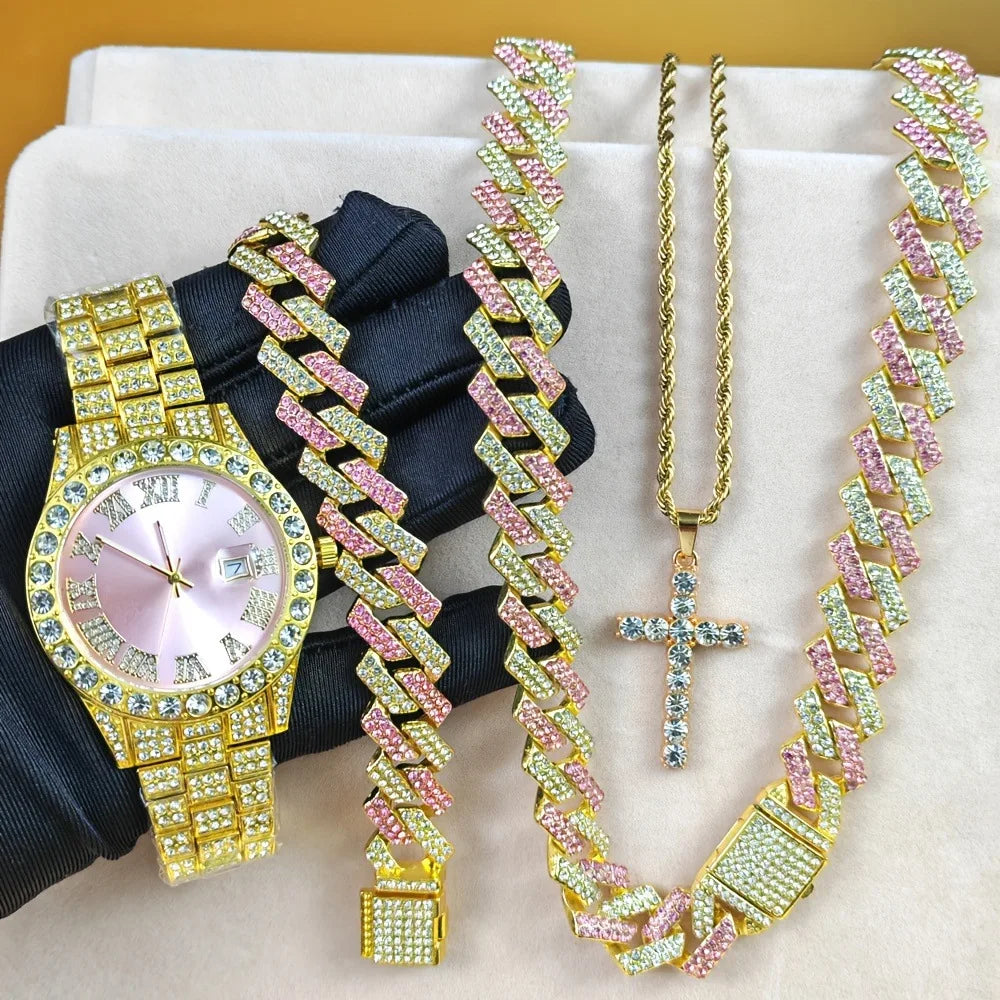 Men's Bling Jewelry Set: Two-tone Iced Out Watch + Blue Diamond Cuban Chain + Bracelet + Cross Pendant Necklace, 4Pcs Hip Hop Se Qme Multicolor