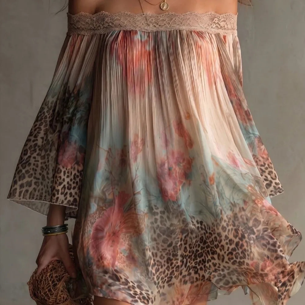 Thin Floral Print Off-shoulder Dress Loose Lace Trim Summer Skirt Qme