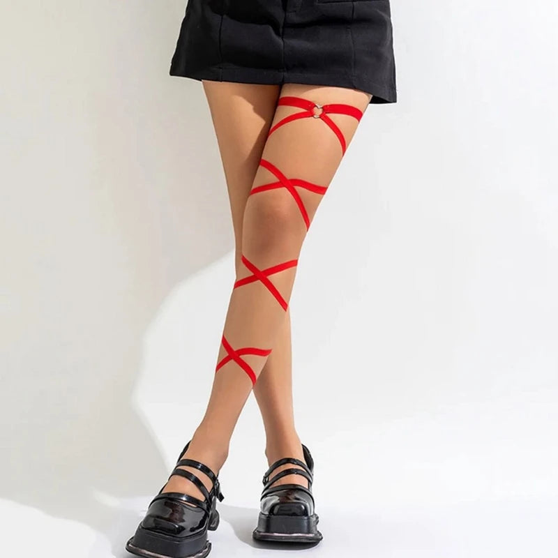 Women Garters Harajuku Gothic Black Harness Elastic Strap Leg Thigh Qme 1PC red One Size