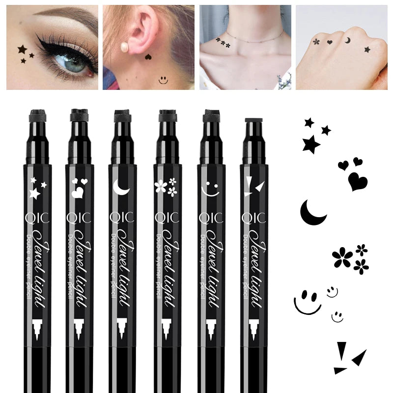 1pcs Liquid Eyeliner Pen Set Dual-Tip Stamps with Black Ink - Includes Heart, Moon, Star Shapes for Eye Makeup, Eyeliner Stamp Qme