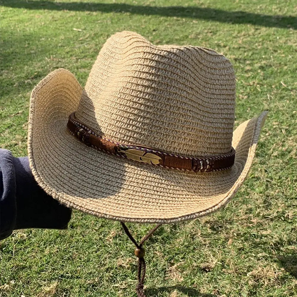 Fashion Summer Western Cowboy Hats Hiking Wide Brim Straw Cowgirl Hat Qme