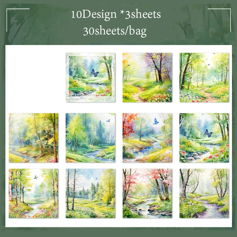 Material Paper 30 sheets/bag Spring Watercolour Landscape Handbook Stationery DIY Handmade & Scrapbook Journal Decoration Qme 5