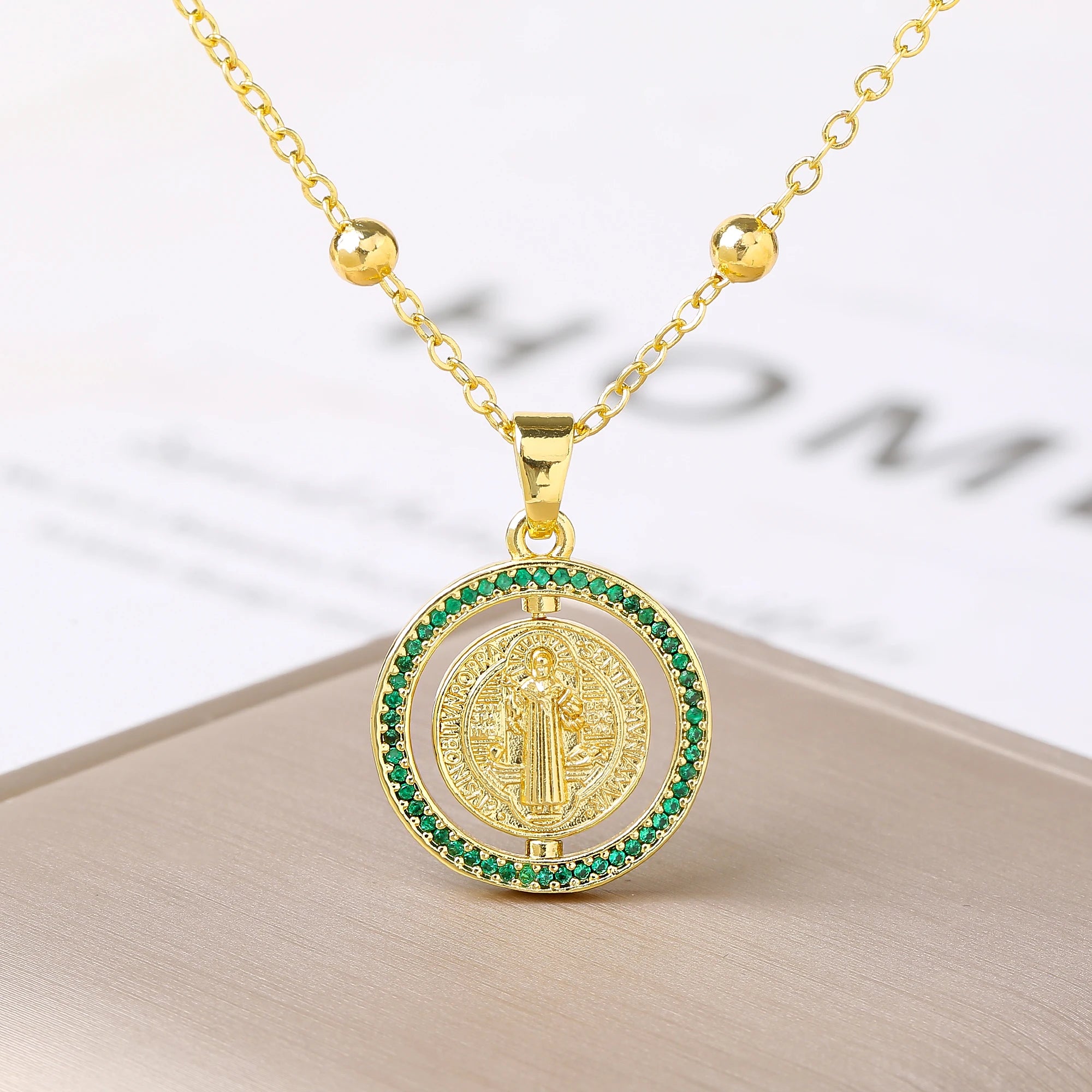 New Fashion Round Rotating St. Benedict Zirconia Pendant Necklace—Lucky for Women's Party Gold/Rose Gold Jewelry Amulet Gift Qme 2