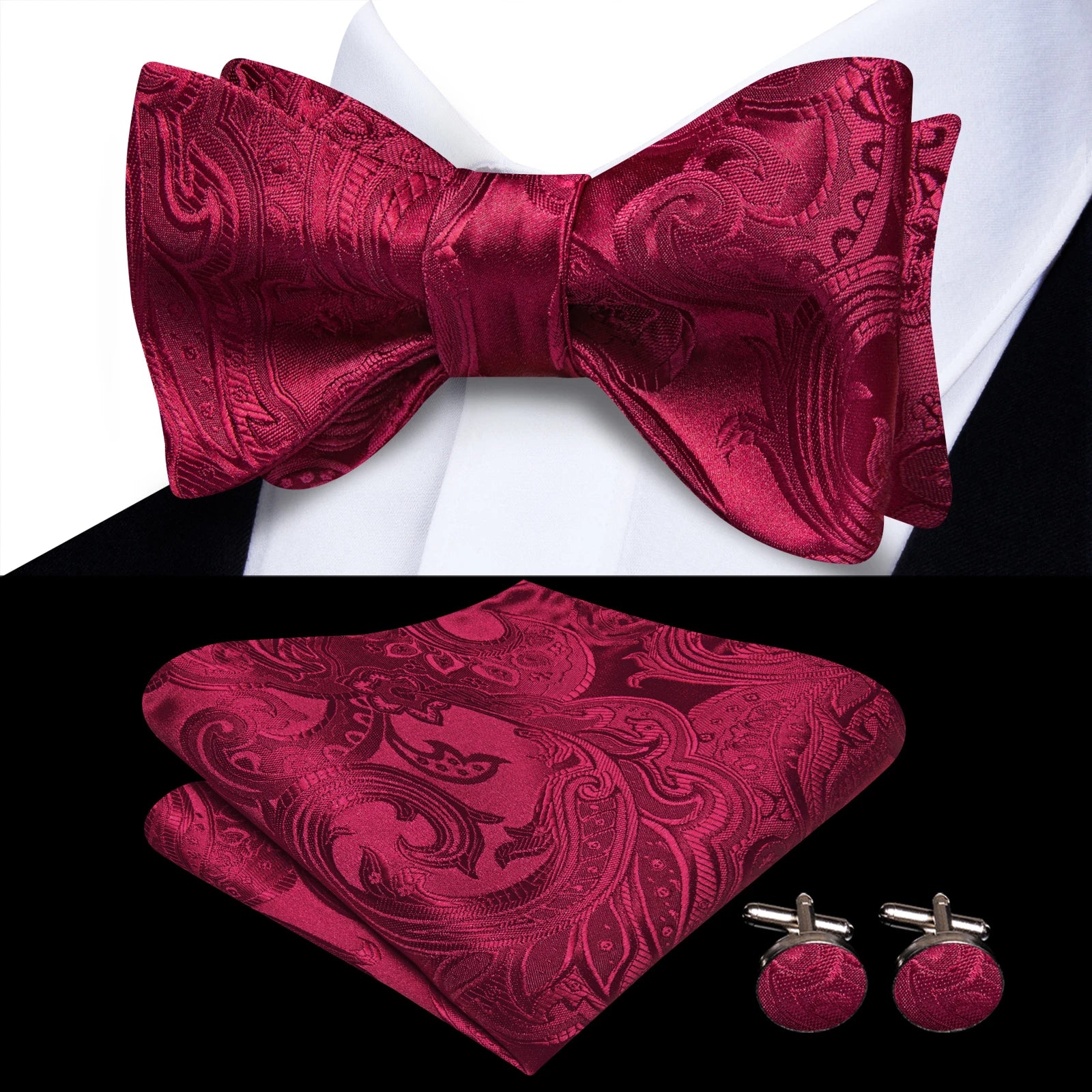 Pink Orange Sky Blue Hi-Tie Mens Bow Tie Pocket Square Cufflinks Set Self-tied Butterfly Knot Bowtie for Wedding Business Gift Qme HT-LH-2292