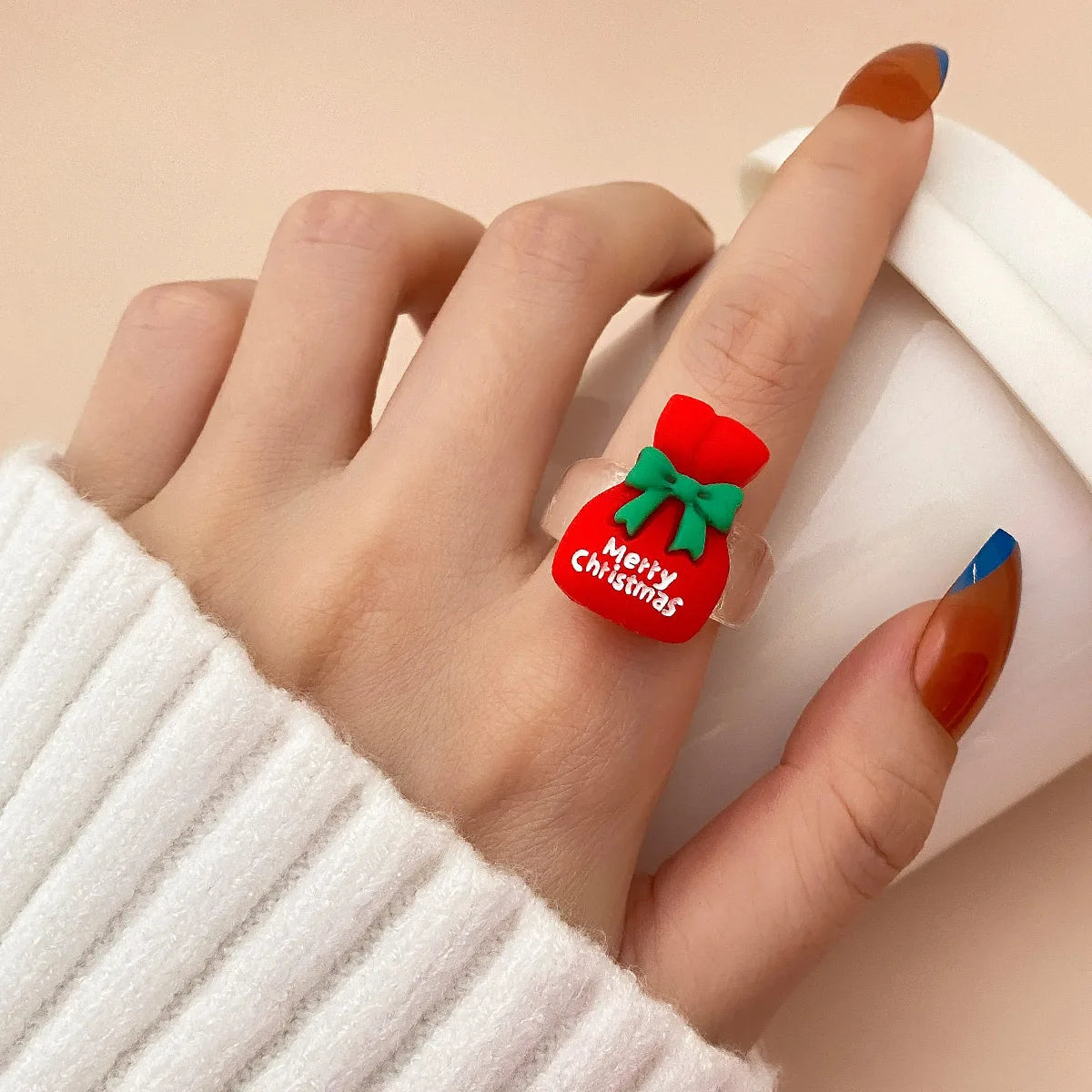 Cartoon Christmas Ring for Women Kid Cute Elk Snowman Star Tree Pendant Finger Ring Hand Party Jewelry New Year Friendship Gift Qme 1 Size 7