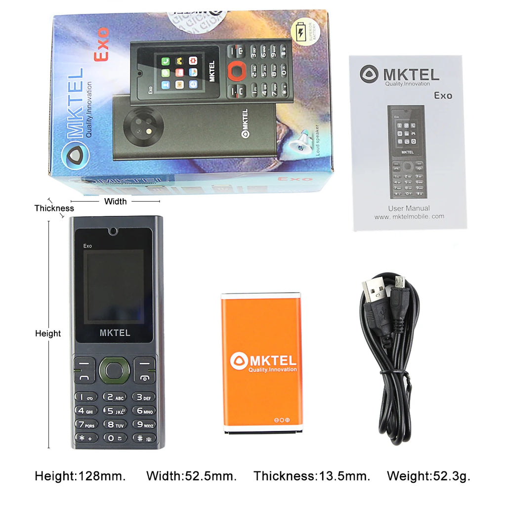 MKTEL EXO Feature Phone Senior Mobile Phone Dual SIM Dual Standby 1.77" Display GSM MP3 MP4 FM Radio Strong Torch Loud Speaker Qme