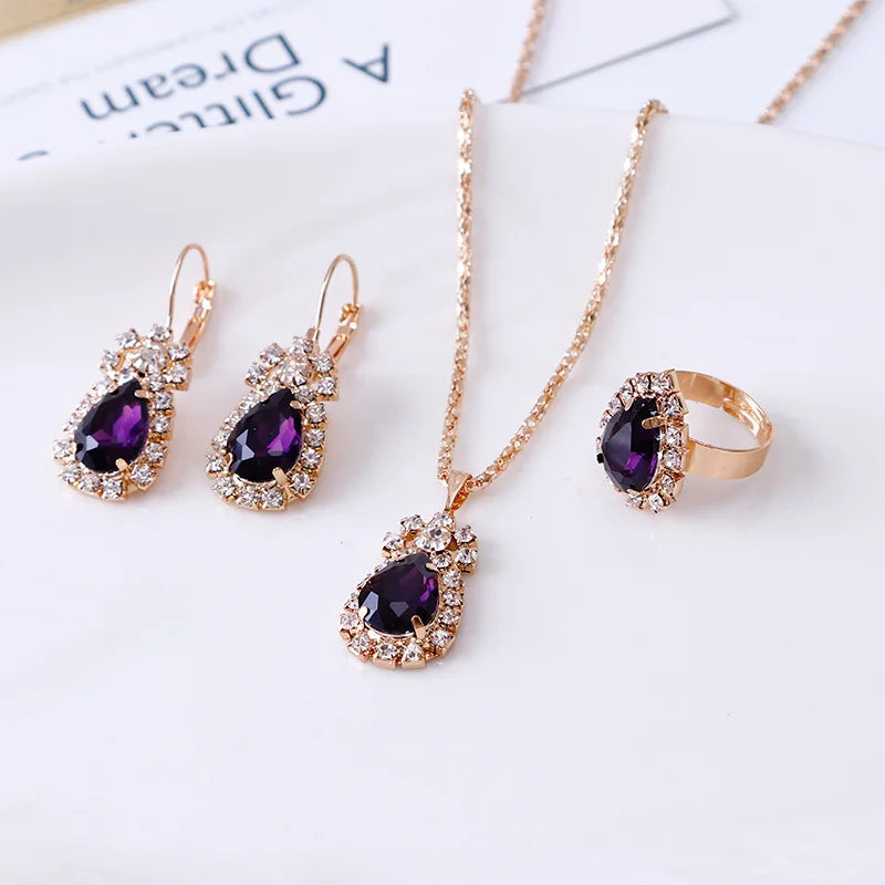 3ps Set Fashion Water Drop White Blue Red Purple Black Temperament Jewelry Sets for Party Women Pendant/Necklace/Earrings/Rings Qme purple