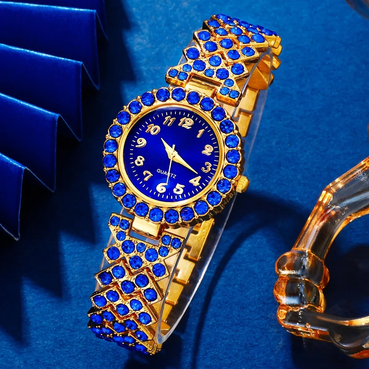 6pcs/set Women's Elegant Rhinestone Quartz Watch Blue Fashion Wrist Watch & Synthetic Gem Jewelry Set, Valentines Qme