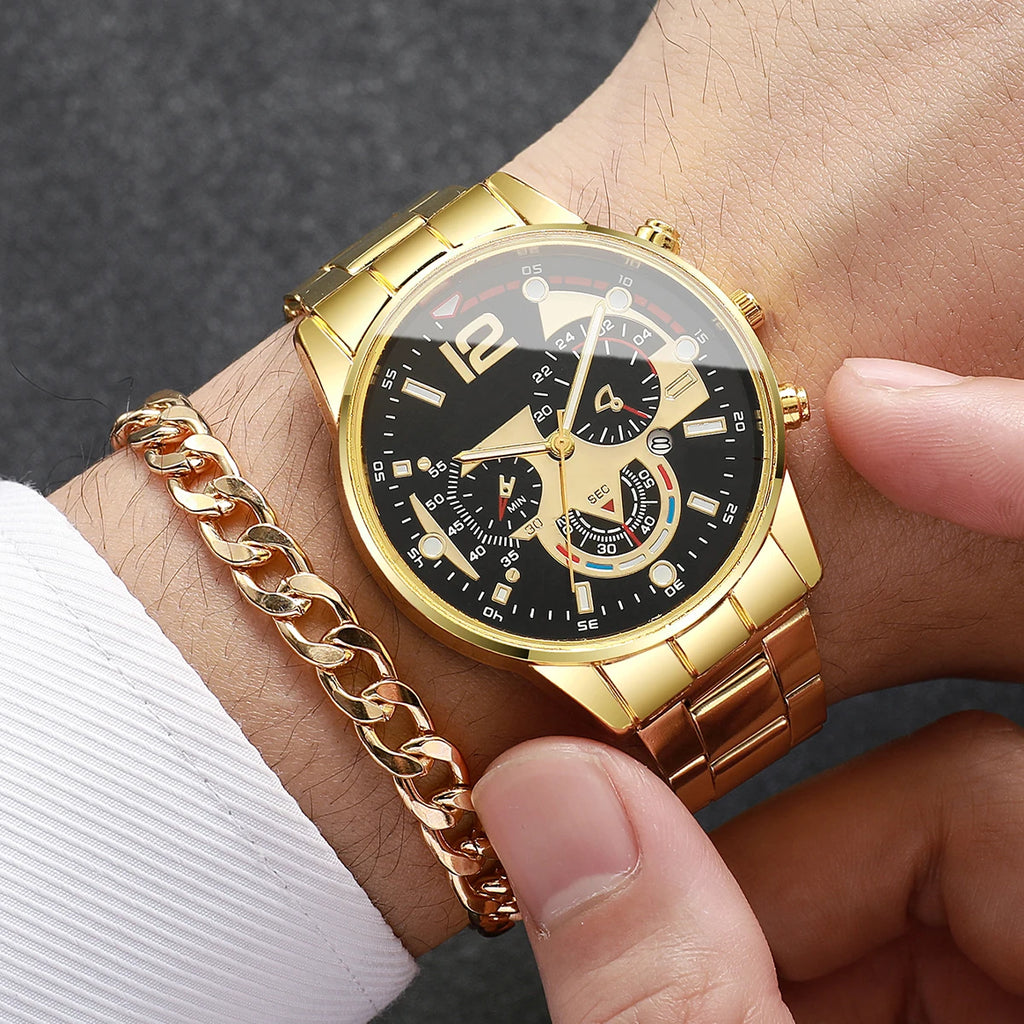 4pcs Fashion Couple's Watches Bracelets Set Men Calendar Business Watches Ladies Elastic Band Wristwatch（Without Box） Qme