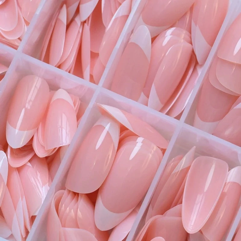 Pink French Almond Fake Nails Full Cover False Nail Tip for women French press on nails Wedding/daily reusable Qme