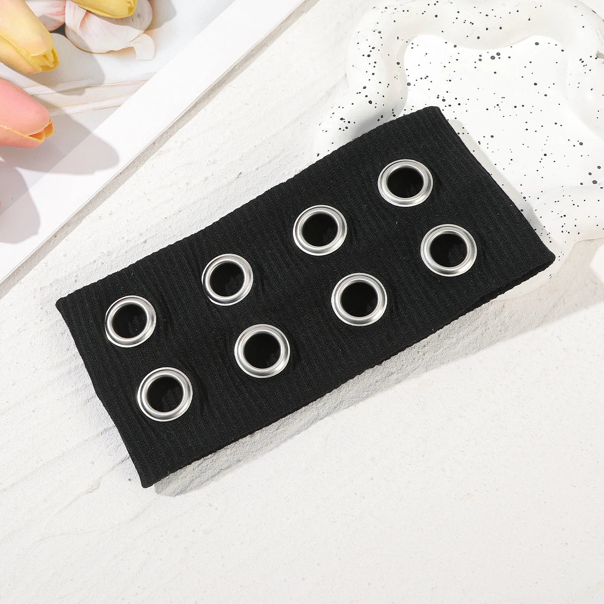 Punk Girl Fabric Hollow Elastic Headbands Metal Rock Personalized Hollow Eyelets Hair Band Casual Sports Grommet Headband Qme BLACK