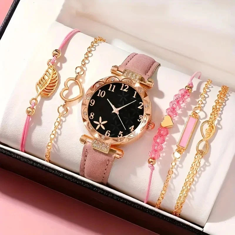 5Pcs Women Pink Suede Strap Watch Set, Floral Bezel Snowflake Dial Quartz Watch + Leaf Heart Pink Crystal Stack Bracelets Qme Ivory
