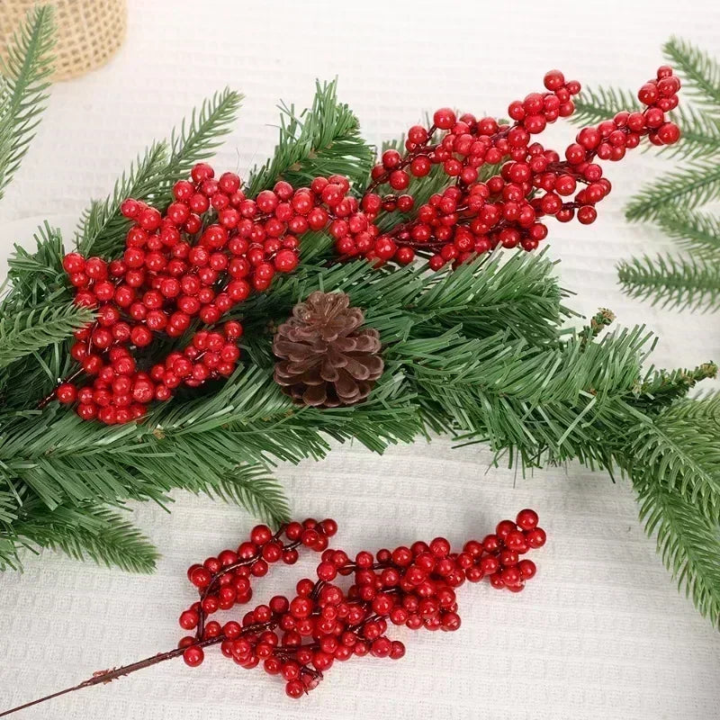 Artificial Berries Christmas Decoration Red Berry Branches for Xmas Tree Party Home Table Ornaments Red Fruit Wreath DIY Gift Qme