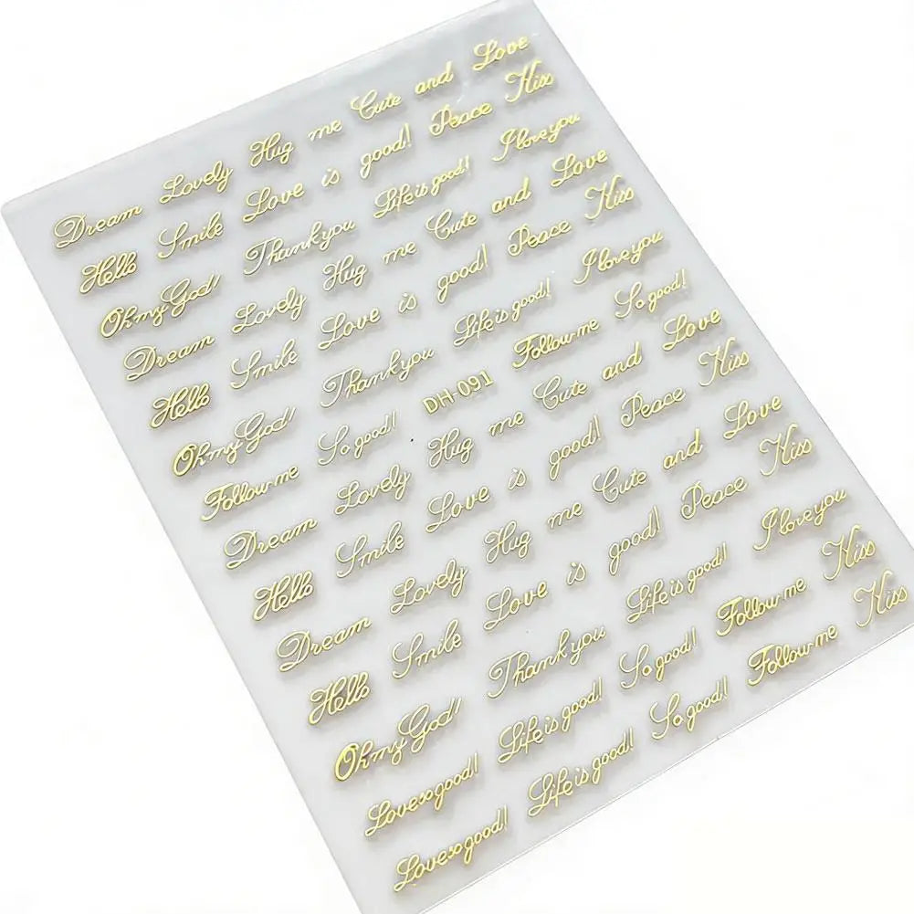 English Words Nail Art Stickers 3D Alphabet Decals DIY Metallic Gold Qme C