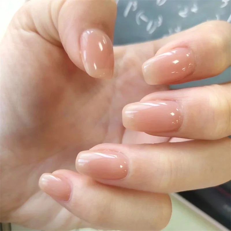 Nude Pink Cat Eye Press-on Nails Reusable Glossy Translucent False Qme