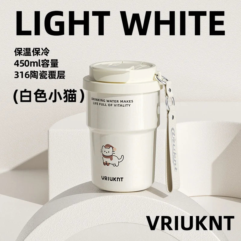 Simple Portable Ceramic Inner Lined Straw Tumbler Coffee Cup Qme White cat 450ml