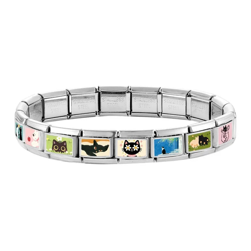 Wholesale Cartoon Green Grassland Cats Sunflowers Fields Italian Link Fit 9mm Stainless Steel Bracelet Making DIY Charm Jewelrys Qme