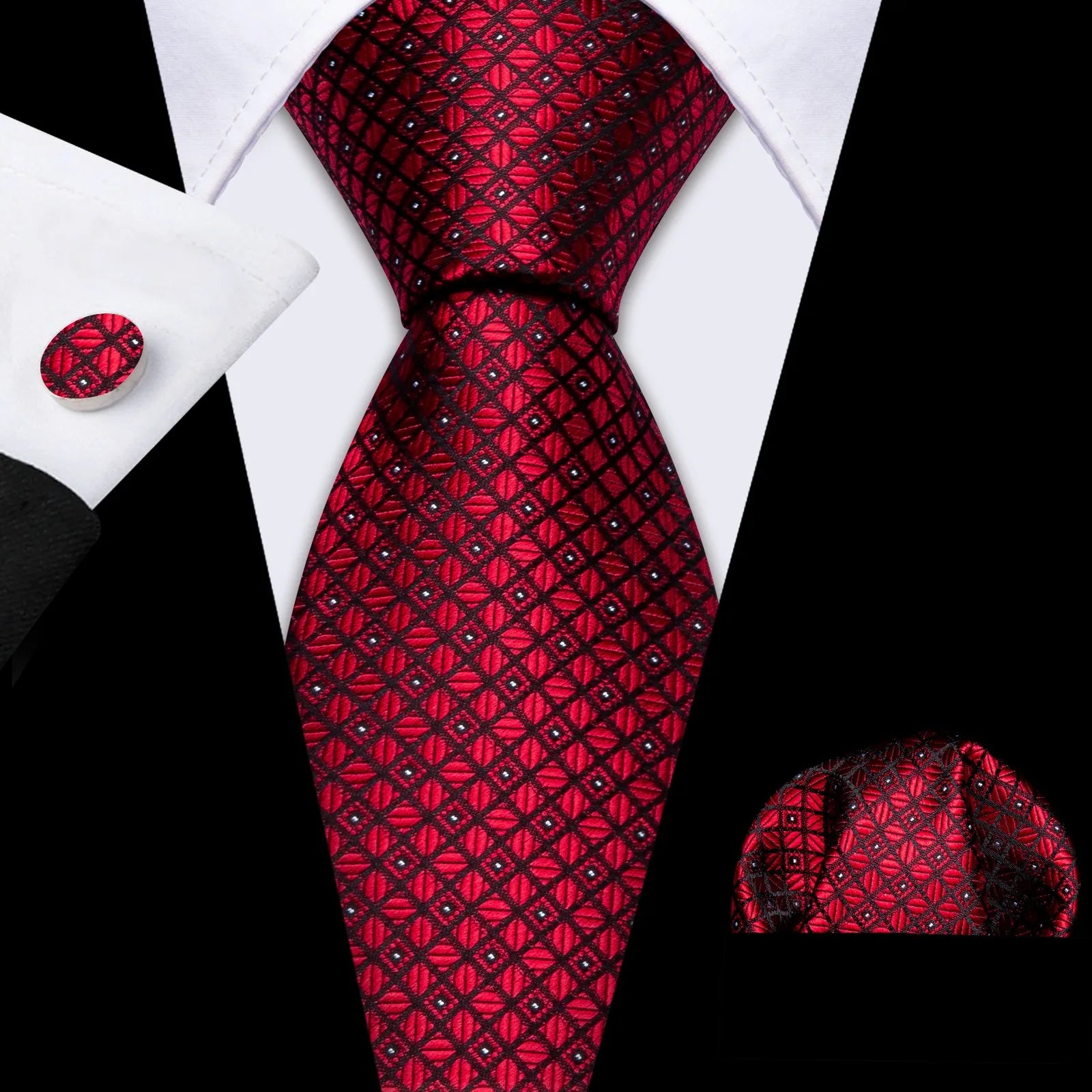 Complete Men's Tie Accessories Bundle: Classic Tie, Pocket Handkerchief, Cufflinks, Premium 3-in-1 Set for Office & Parties Qme DPTH-HT-LDSN0704
