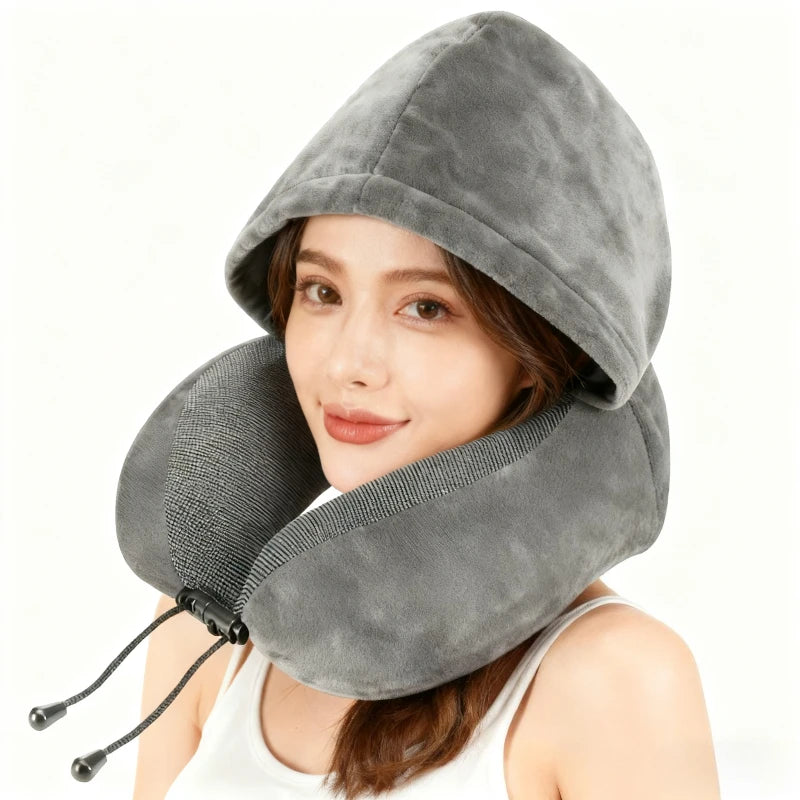 Adjustable Hooded U-shaped Neck Pillow Car Travel Outdoor Use Qme