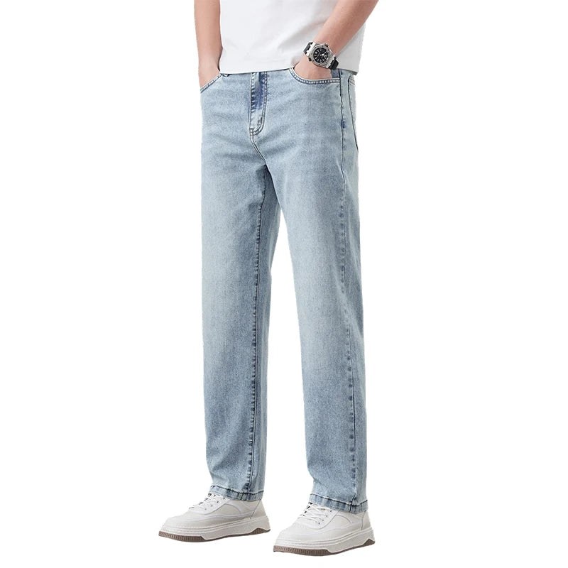 Summer lyocell thin jeans men's 25 years high-end light business washed retro straight trousers Qme Light blue 36