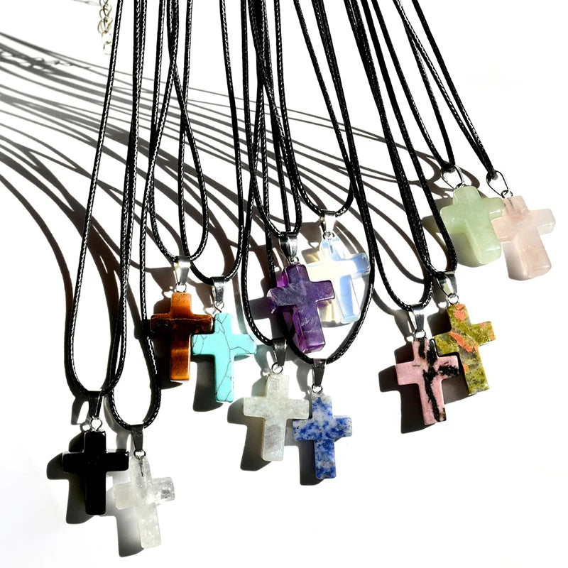 Natural Stone Cross Pendant Necklace, Colorful Punk Rock Style, Street Cool Vintage Y2K Goth Hip Hop Jewelry for Men and Women Qme